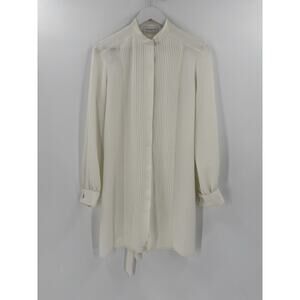 Liz Claiborne Vintage Blouse Womens 6 Ivory White Pleated Hidden Buttons Belted